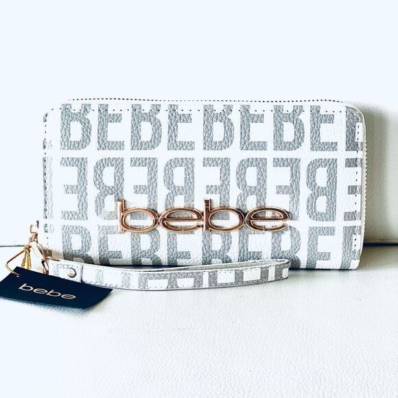 NWT bebe Gorgeous White Gray Gold Hardware Signature Zip All Around Moana Wallet - Picture 1 of 14